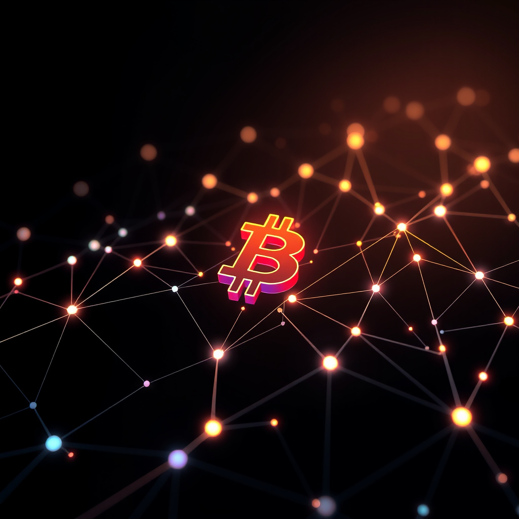 Blockchain network visualization, glowing gradients, glowing digital connections, dark background... (generated by AI)