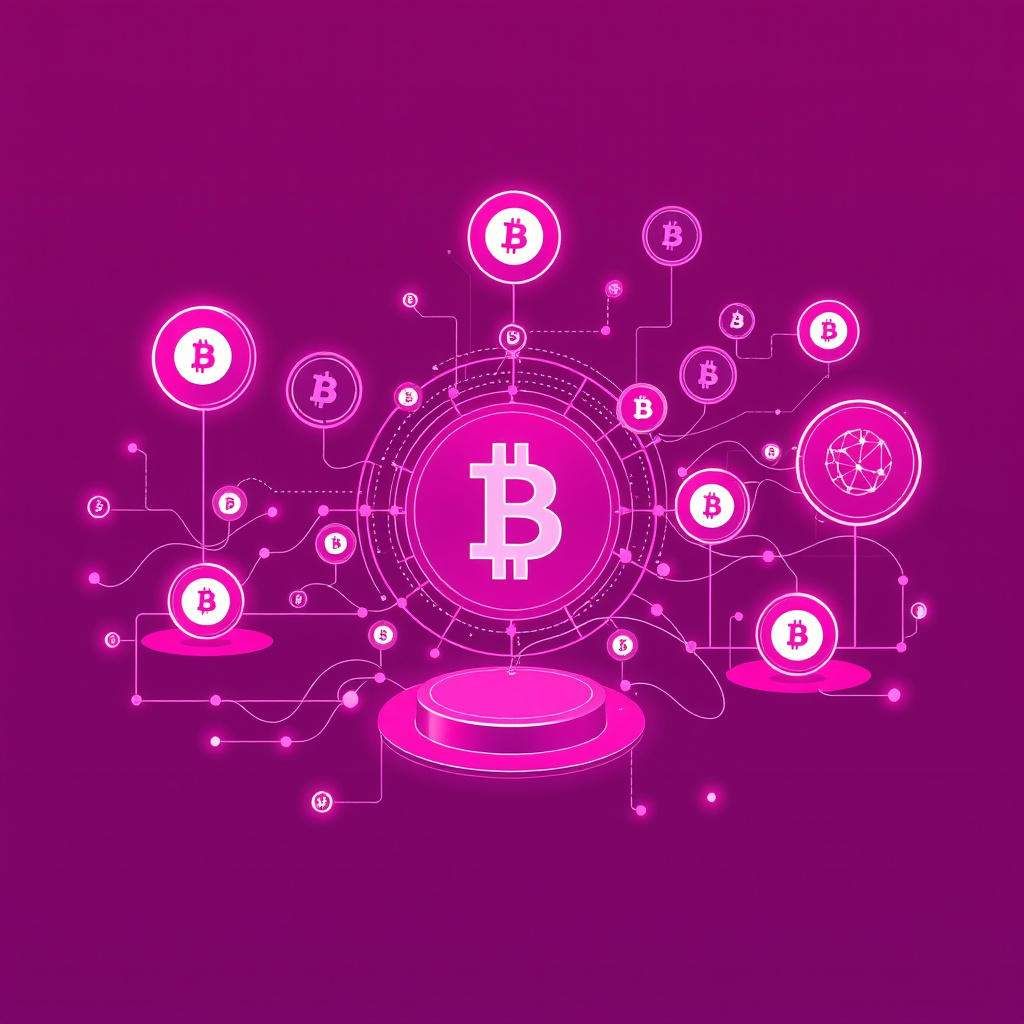 Digital cryptocurrency ecosystem visualization, pink and purple hues, modern abstract art, glowin... (generated by AI)