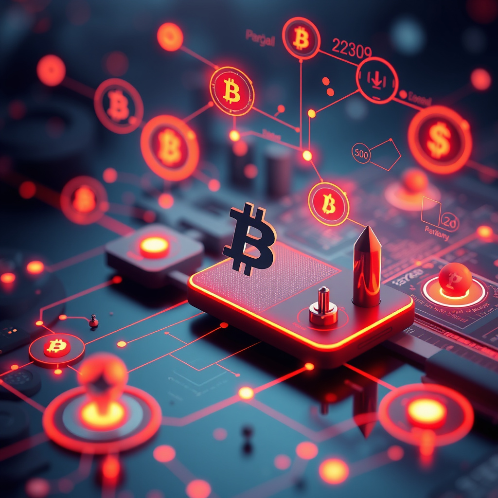 Digital cryptocurrency ecosystem visualization, orange and red highlights, modern abstract art, g... (generated by AI)