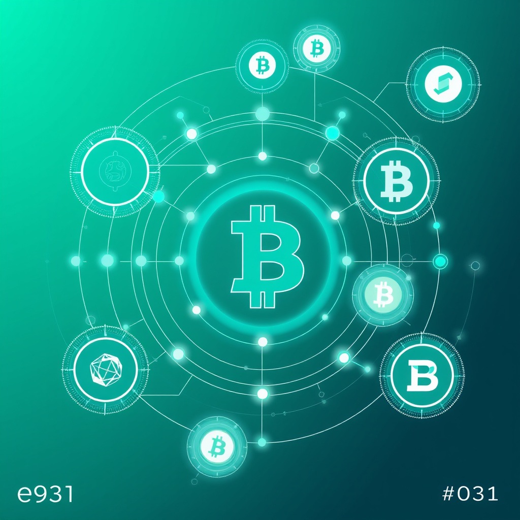 Digital cryptocurrency ecosystem visualization, teal and mint colors, modern abstract art, glowin... (generated by AI)