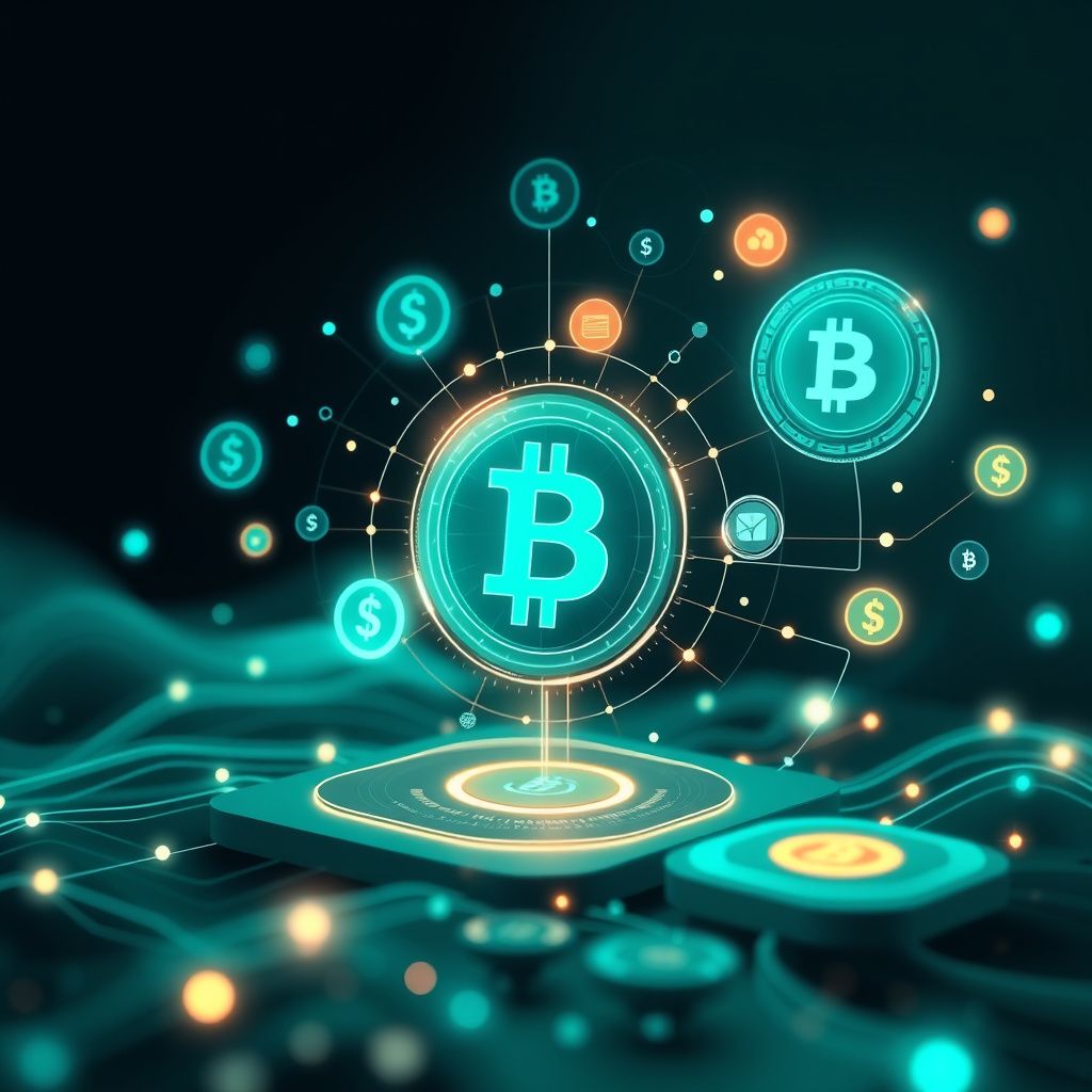 Digital cryptocurrency ecosystem visualization, teal and mint colors, modern abstract art, glowin... (generated by AI)