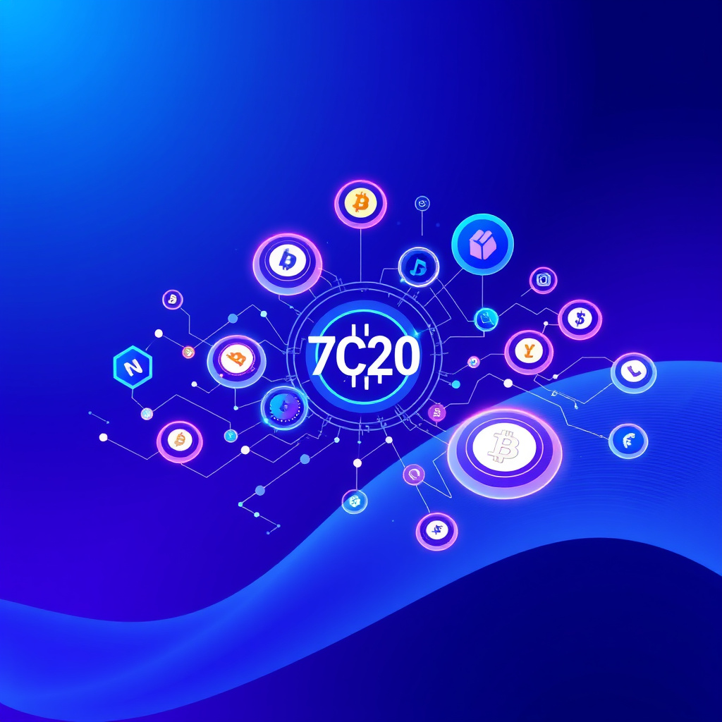 Digital cryptocurrency ecosystem visualization, blue and purple gradients, modern abstract art, g... (generated by AI)