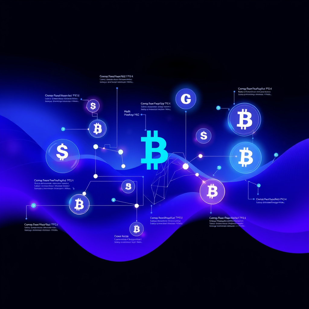 Digital cryptocurrency ecosystem visualization, blue and purple gradients, modern abstract art, g... (generated by AI)