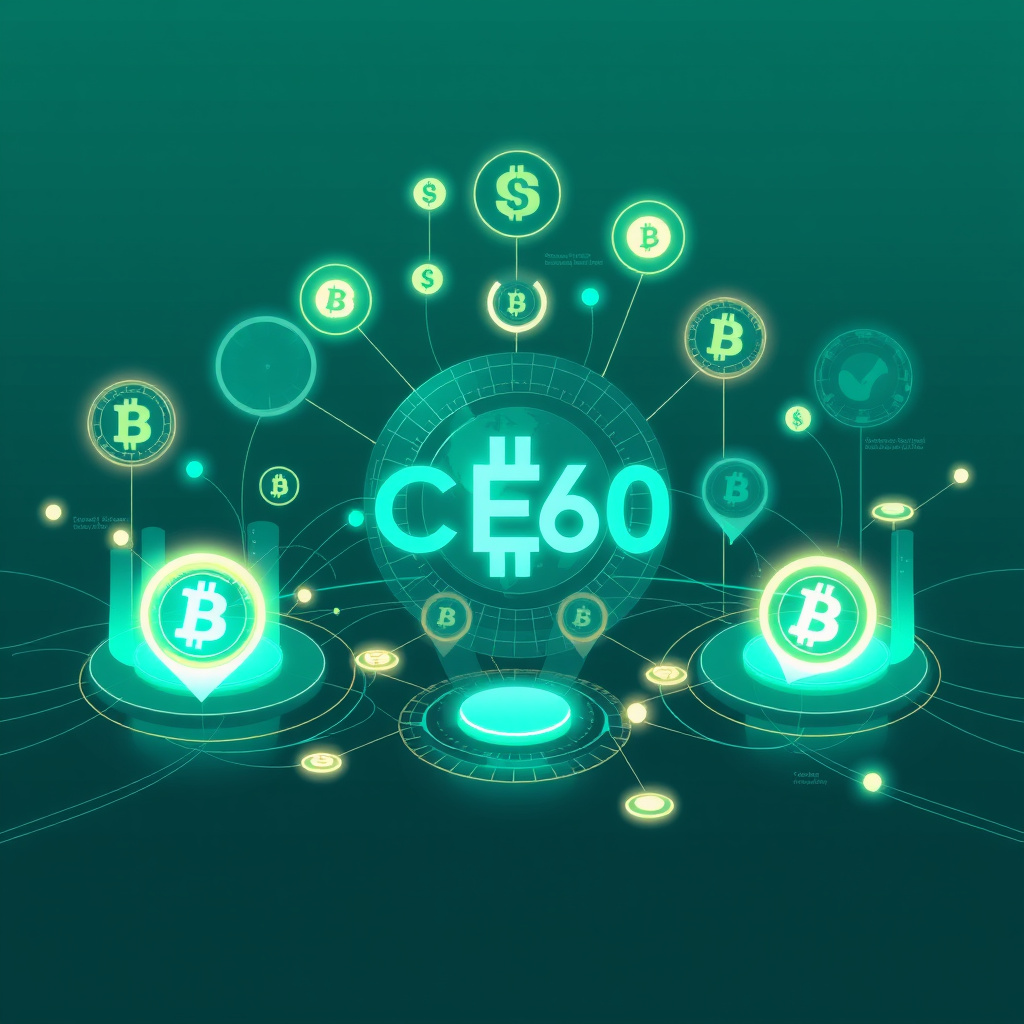 Digital cryptocurrency ecosystem visualization, teal and mint colors, modern abstract art, glowin... (generated by AI)