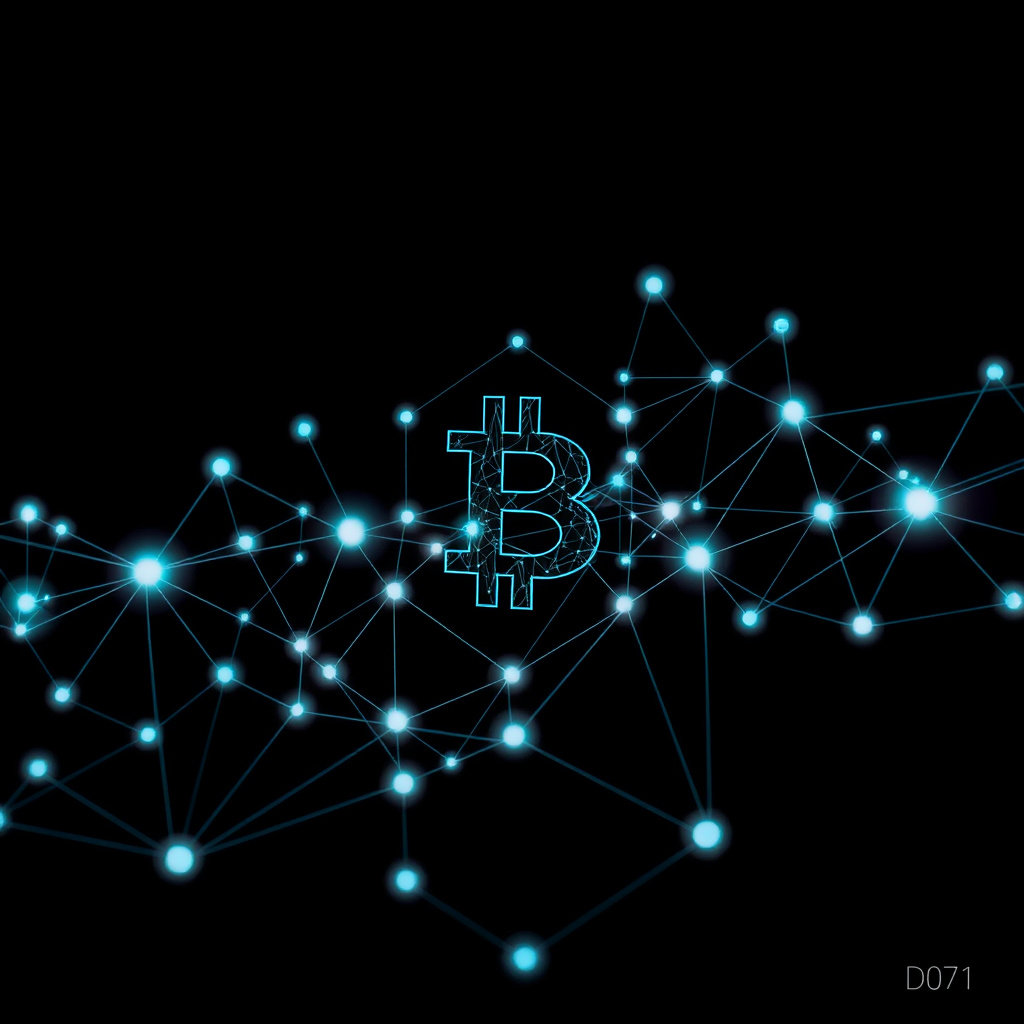 Blockchain network visualization, abstract geometric forms, glowing digital connections, dark bac... (generated by AI)