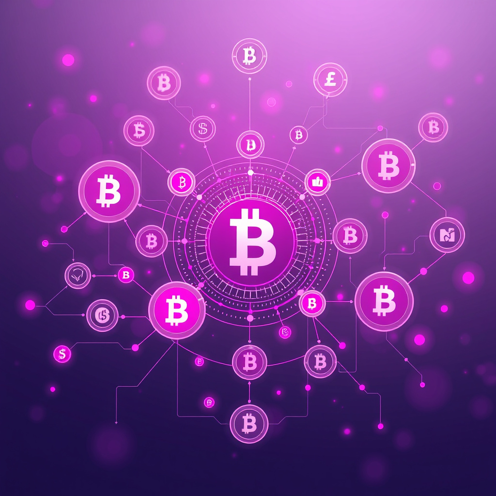 Digital cryptocurrency ecosystem visualization, pink and purple hues, modern abstract art, glowin... (generated by AI)
